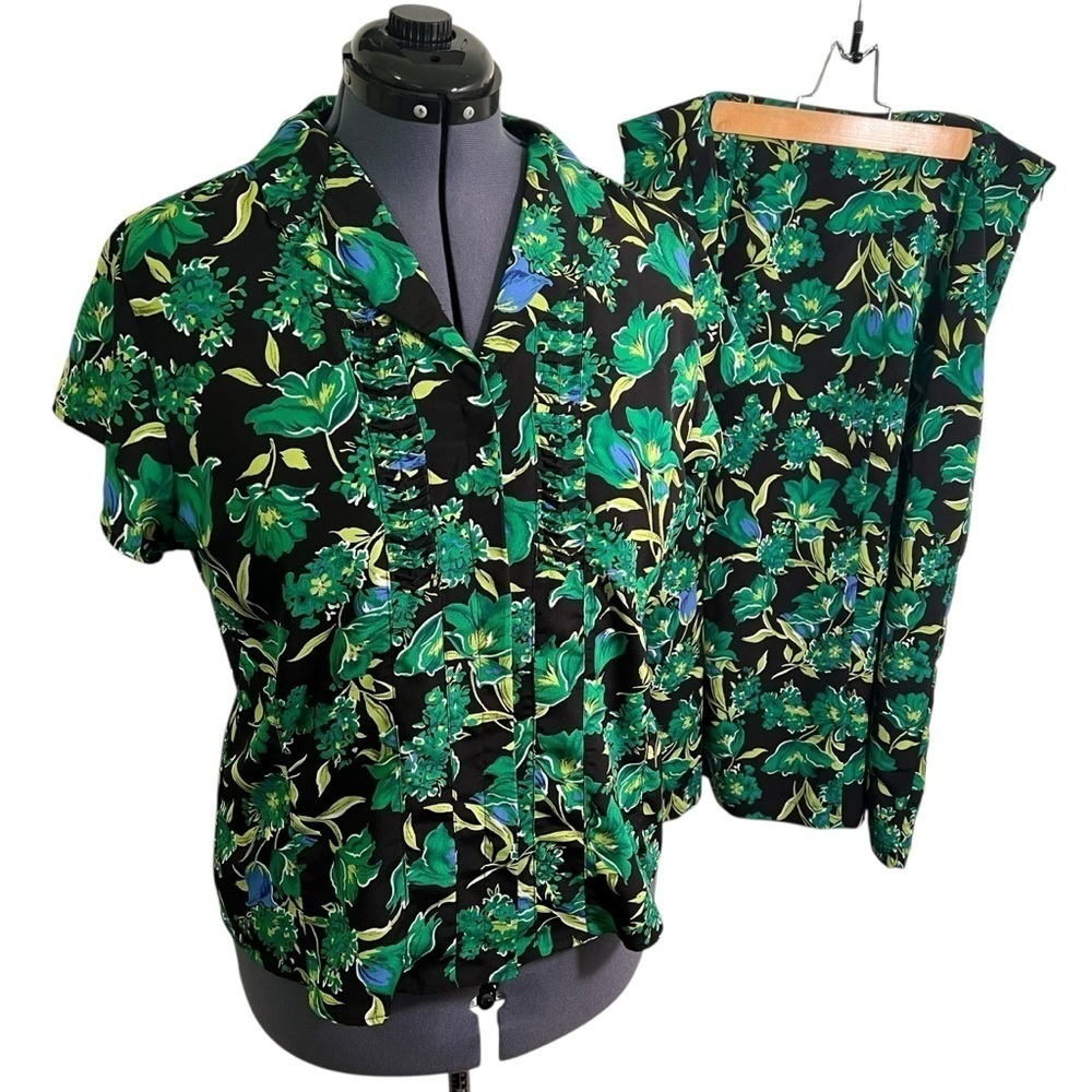 Vintage Sag Harbor‎ Women's Size 16 Skirt Set Black Green Blue Tropical Floral
